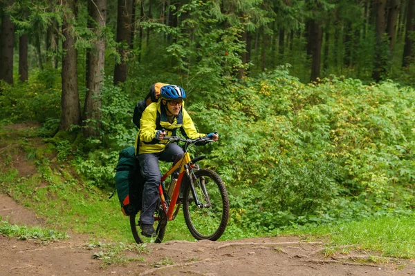 Bicycle hiker crosses a ravine in a spruce forest — Stock Photo, Image