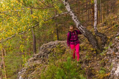 sonbahar ormanında kadın yürüyüşçü trekking