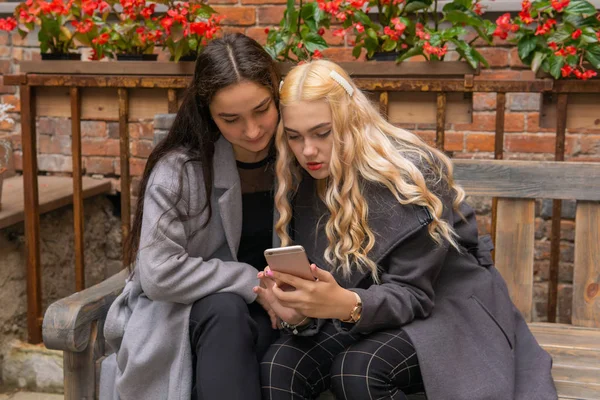 Two girlfriends discussing something while looking into a smartp — Stock Photo, Image