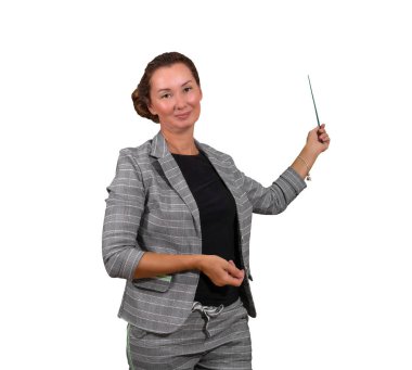 beyaz arka plan üzerinde izole işaretçi ile öğretmen kadın
