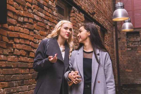 Duas namoradas estão conversando umas com as outras — Fotografia de Stock