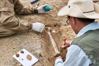 İki paleontolog çölde yerden fosilleşmiş kemikler çıkarıp yakın bir araştırmacıya odaklanıyorlar.