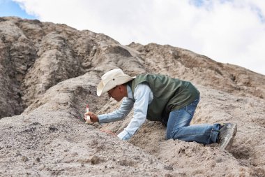 Erkek arkeolog ya da paleontolog, bulguları çölde bir fırçayla temizliyor.