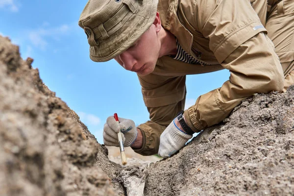 Man Archaeologist Paleontologist Gently Cleans Fossil Bone Found Ground Brush — Stock Photo, Image