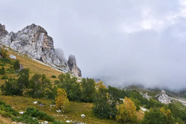 Zbocze Skalistej Doliny Jesiennymi Drzewami Osłonięte Chmurami — Zdjęcie stockowe