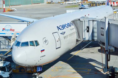 Moskova, Rusya - 16 Eylül 2020: Bir jet köprüsü ve Sheremetyevo havaalanındaki bagajları kullanarak uçağa binen yolcular