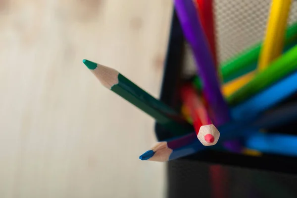 Multicolored Crayons Copyspace Macro View School Sketching Drawing Supplies Shallow — Stock Photo, Image