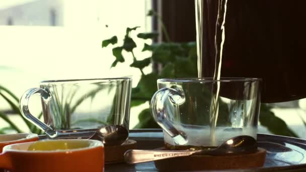 Two Clean Glass Cups Stand On A Tray — Stock Video