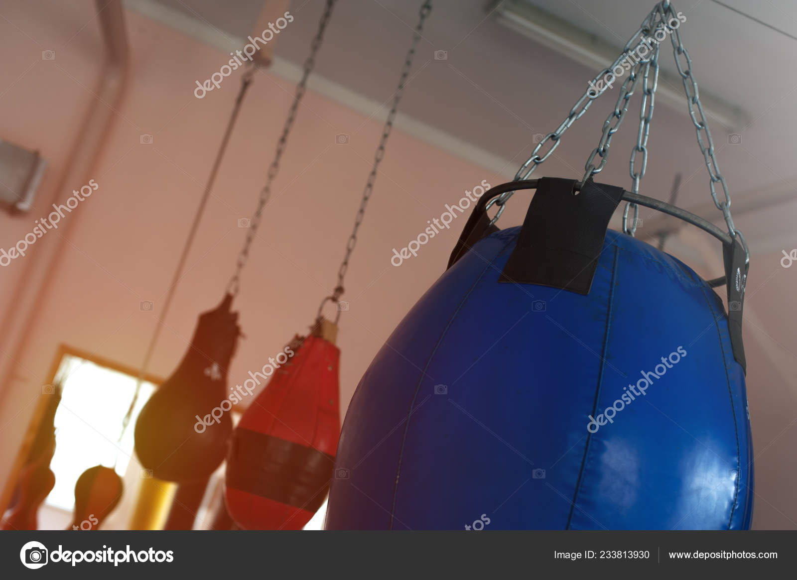 Punching Bag Hanging On Chains On The Ceiling Stock Photo