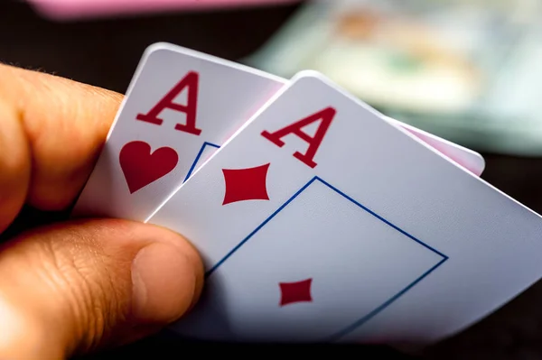 Two Aces Playing Cards in Male Player Hands. — Stock Photo, Image