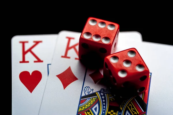 Close-up - Playing Cards And Red Gaming Dices — Stock Photo, Image