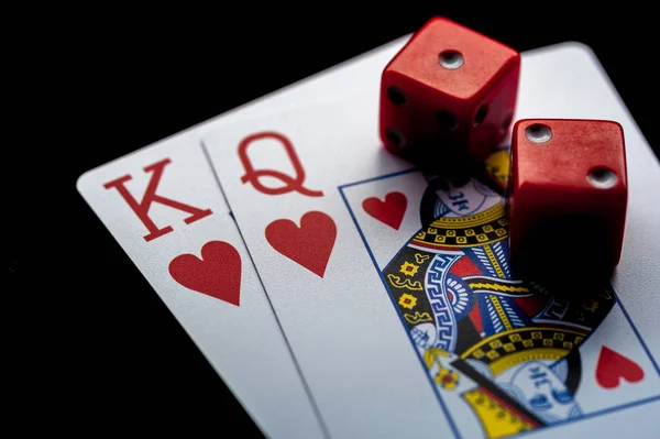 Close-up - Playing Cards And Red Gaming Dices — Stock Photo, Image