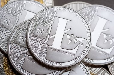 Gümüş litecoin sikke grubu, yakın çekim.