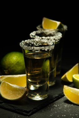 Limon dilimleri ve tuzlu bardaklarda Meksika tekilası..