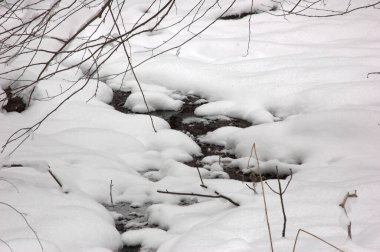 Kışın kar altında küçük bir dere.