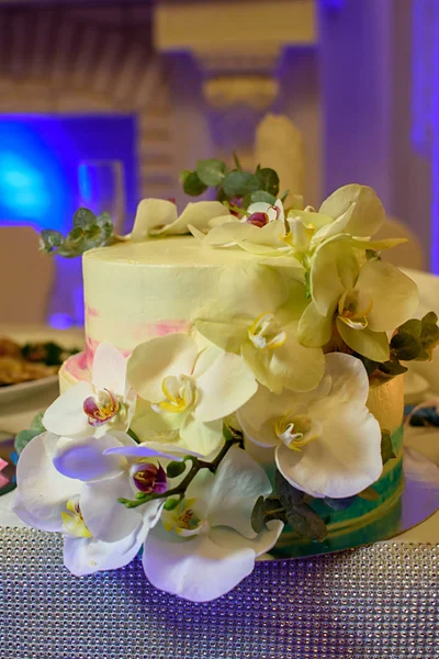 用新鲜的白色兰花装饰的生日蛋糕 — 图库照片