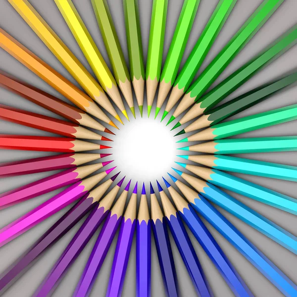 Kolorowe Kredki Rozkłada Się Kółko Wszystkie Kolory Tęczy — Zdjęcie stockowe
