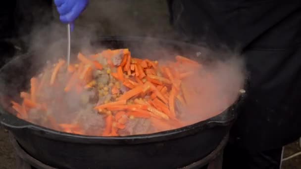 Kött, morötter och majs är kokta i en stor kastrull. — Stockvideo