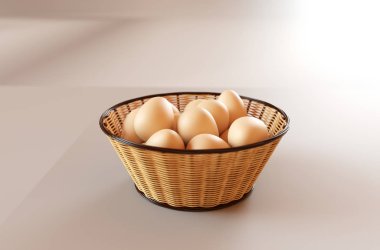 Sepette beyaz kahverengi yumurta. 3D render illüstrasyon.