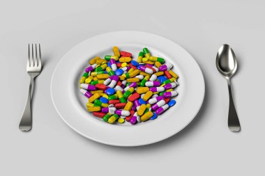 Çeşitli ilaç ilaçları ve tabletler kaşık. 3B işleme çizimi