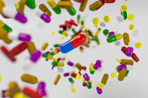 A lot of colorful medication and pills from above. 3D rendering illustration — Stock Photo, Image