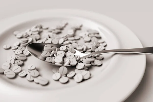 医薬品の薬と錠剤のスプーンの盛り合わせ。3D レンダリングイラストレーション — ストック写真