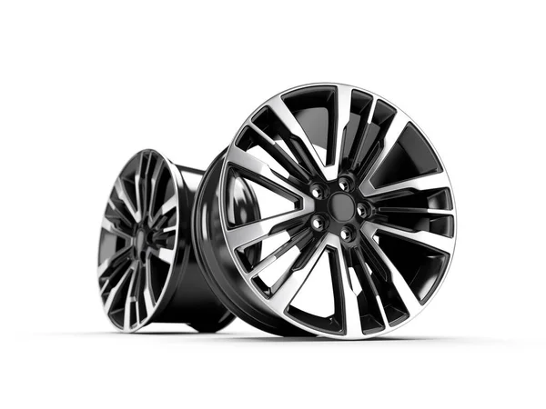 Recubrimiento en polvo del disco de la rueda negra sobre fondo blanco. Ilustración de representación 3D. — Foto de Stock