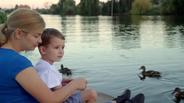 Matka i dziecko w maskach medycznych karmią kaczki na jeziorze — Wideo stockowe