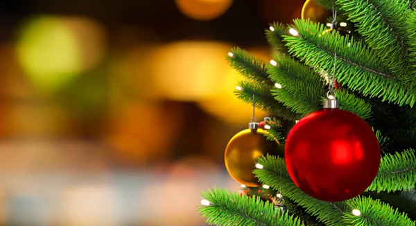 Bulanık arka planda dekore edilmiş Noel ağacı. 3B resimleme.