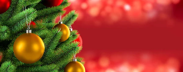 Decorated Christmas tree on red blurred background. 3D rendering illustration. — Stock Photo, Image