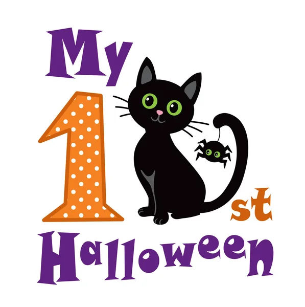 Primer Halloween Gato Negro Sentado Con Una Araña — Vector de stock