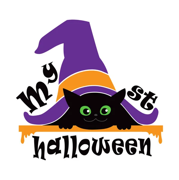 Primer Halloween Gato Negro Escondido Bajo Sombrero Bruja — Vector de stock