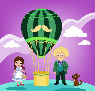 Dorothy, Emerald City ve balonunu büyücüsü çizimi.