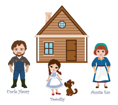 Illustration of Dorothy and her family. Uncle Henry, Auntie Em on background of the house. clipart