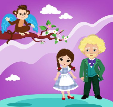  Dorothy ve Emerald City harika bir gökyüzü arka plan üzerinde karakter çizimi.