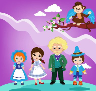  Dorothy ve Emerald City harika bir gökyüzü arka plan üzerinde karakter çizimi.