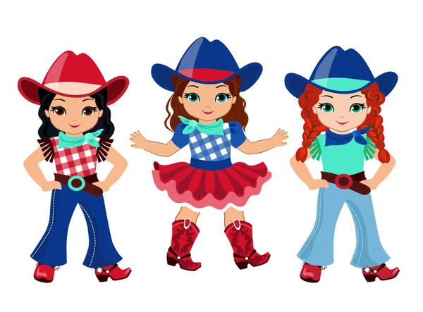 Three Girl Friends Cowboy Costume Red Blue Color Scheme — Stock Vector