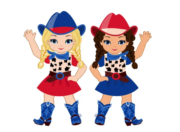 Duas Amigas Traje Cowboy Esquema Cores Vermelho Azul — Vetor de Stock