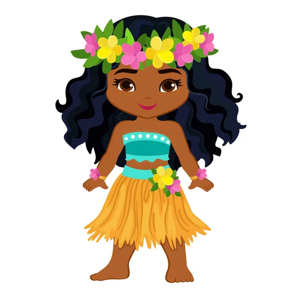 可爱的卡通女孩在传统的夏威夷舞者服装 在白色背景上隔离的矢量插图 — 图库矢量图片