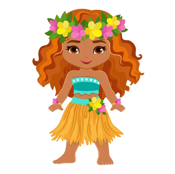 伝統的なハワイアン ダンサー衣装でかわいい漫画の女の子 白い背景で隔離のベクトル図 — ストックベクタ