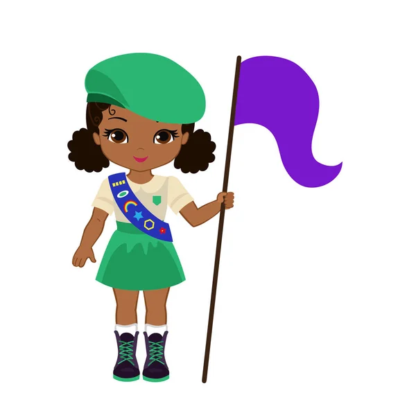 Vrolijke Scout Meisje Stelt Vlag Vectorillustratie Geïsoleerd Witte Achtergrond — Stockvector