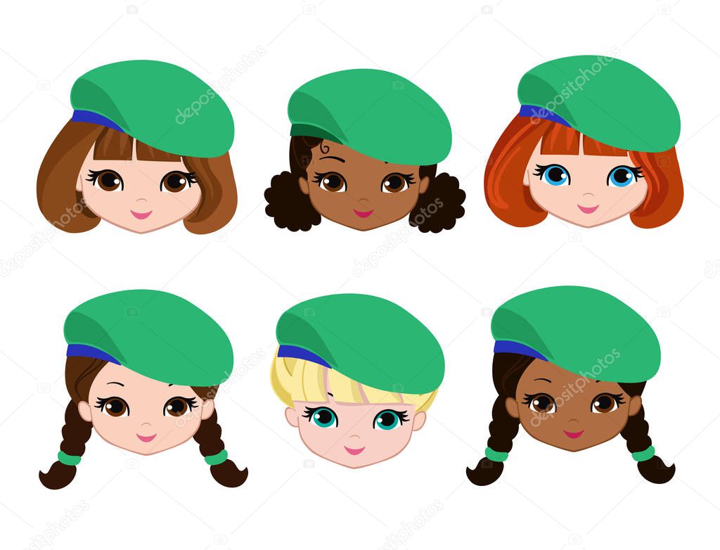 Set of cartoon girls scouts faces. Cartoon child face icon.