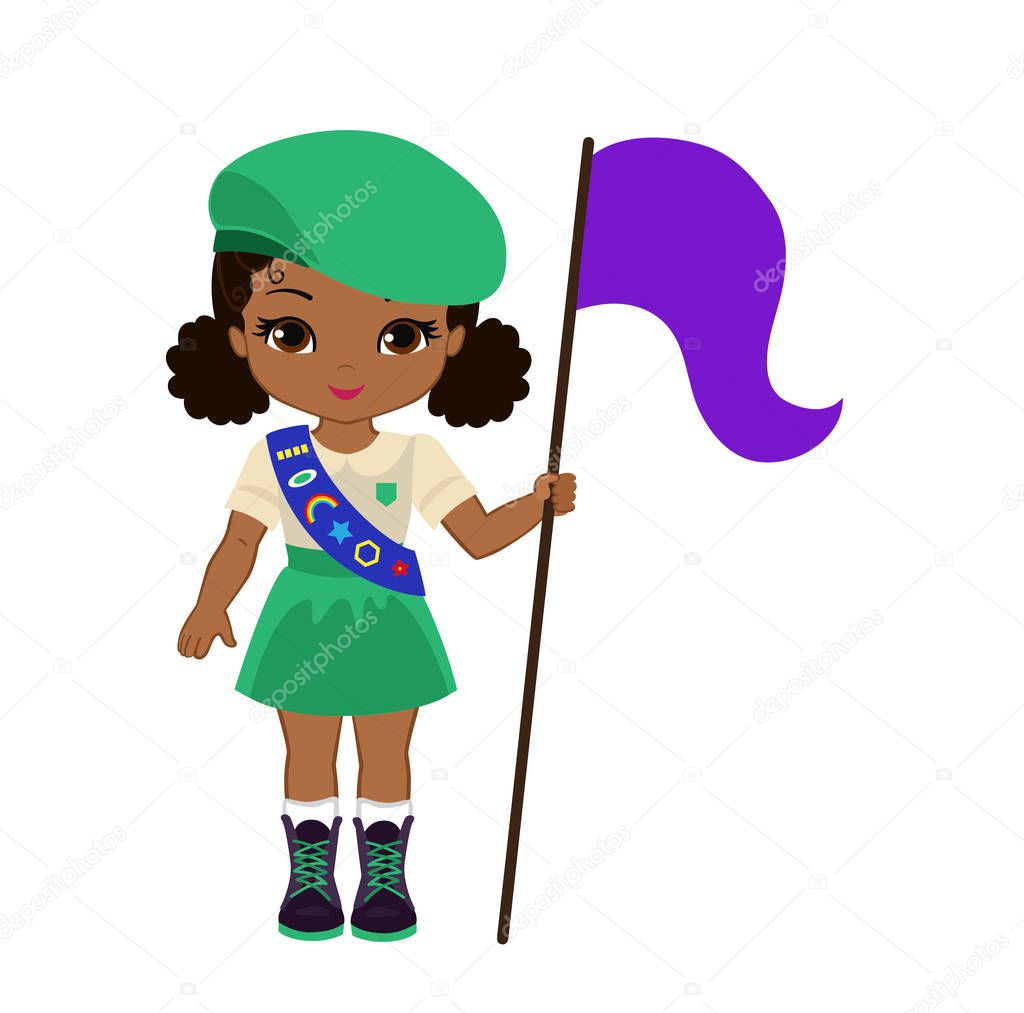 Cheerful scout girl sets the flag. Vector illustration isolated on white background.