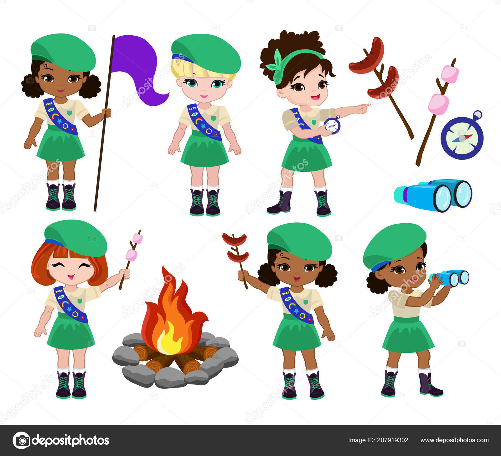 Collection Girls Scouts Camping Outfit Summer Camp Activities — Stock