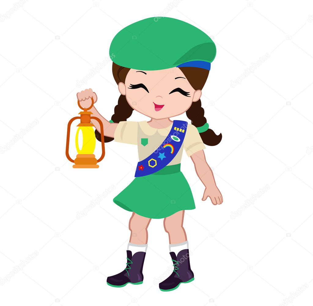 Cheerful Girl Scout with Flashlight. Vector illustration isolated on white background.