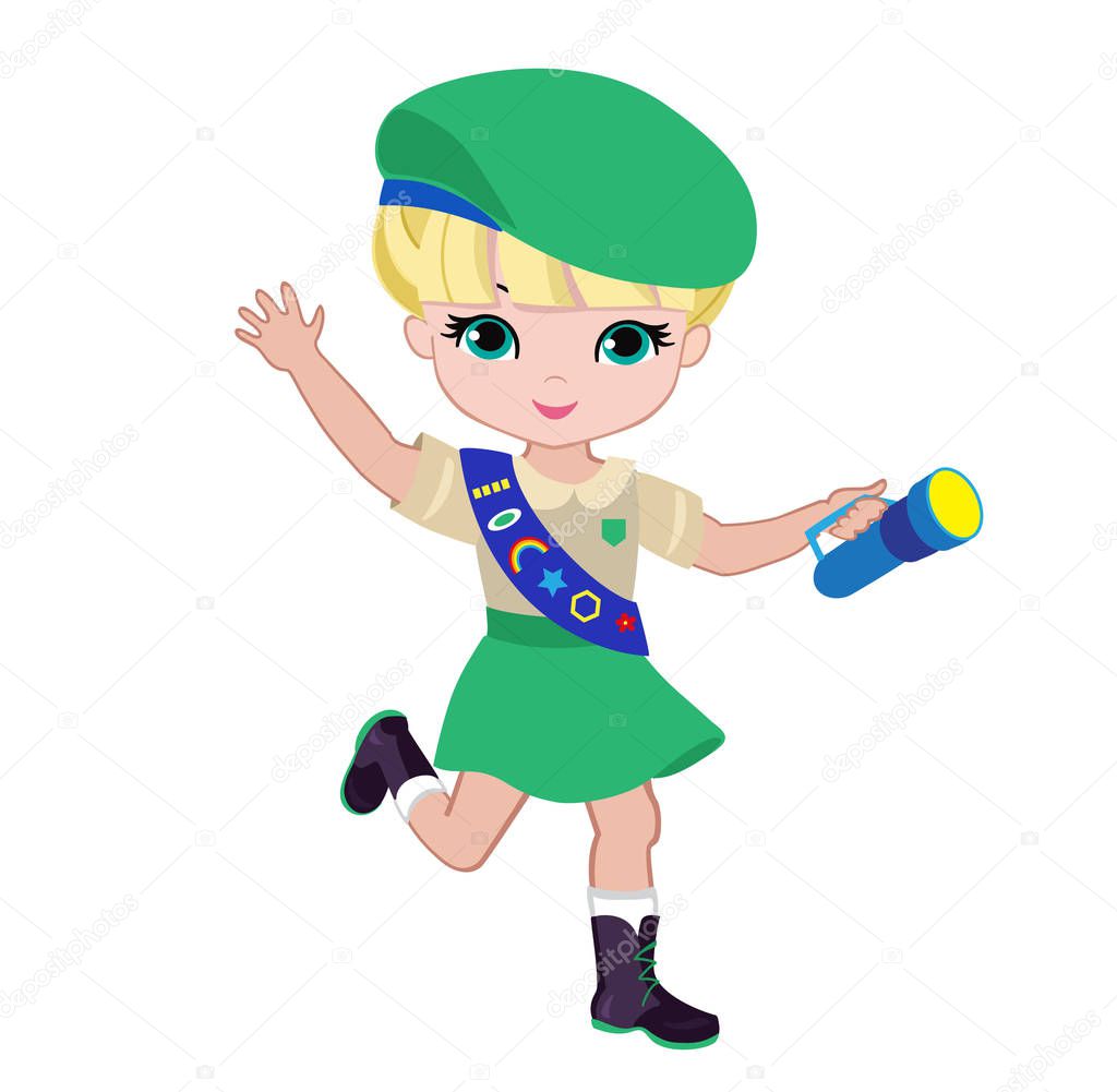 Cheerful Girl Scout with Flashlight. Vector illustration isolated on white background.