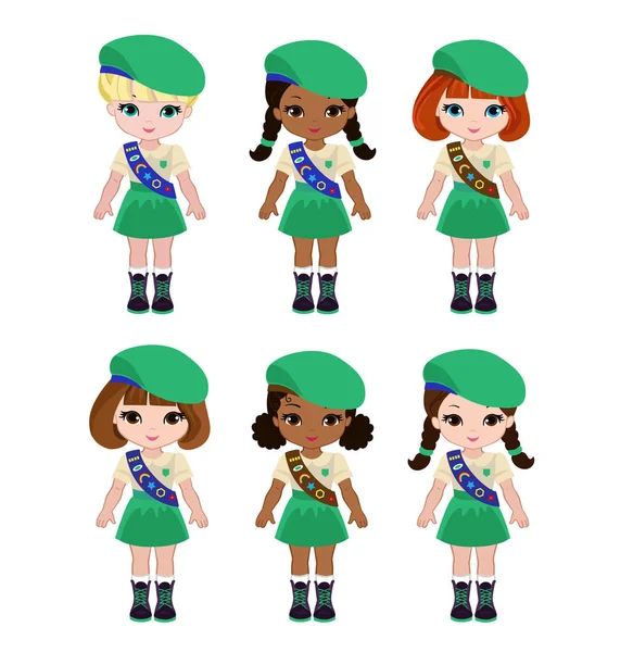 Colección Niñas Scouts Equipo Camping Actividades Campamento Verano — Vector de stock