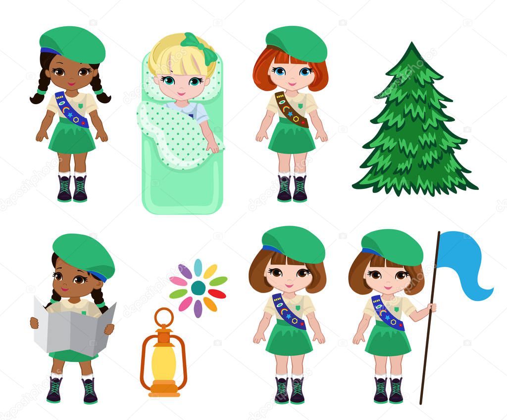 Collection of girls scouts camping outfit, summer camp activities.
