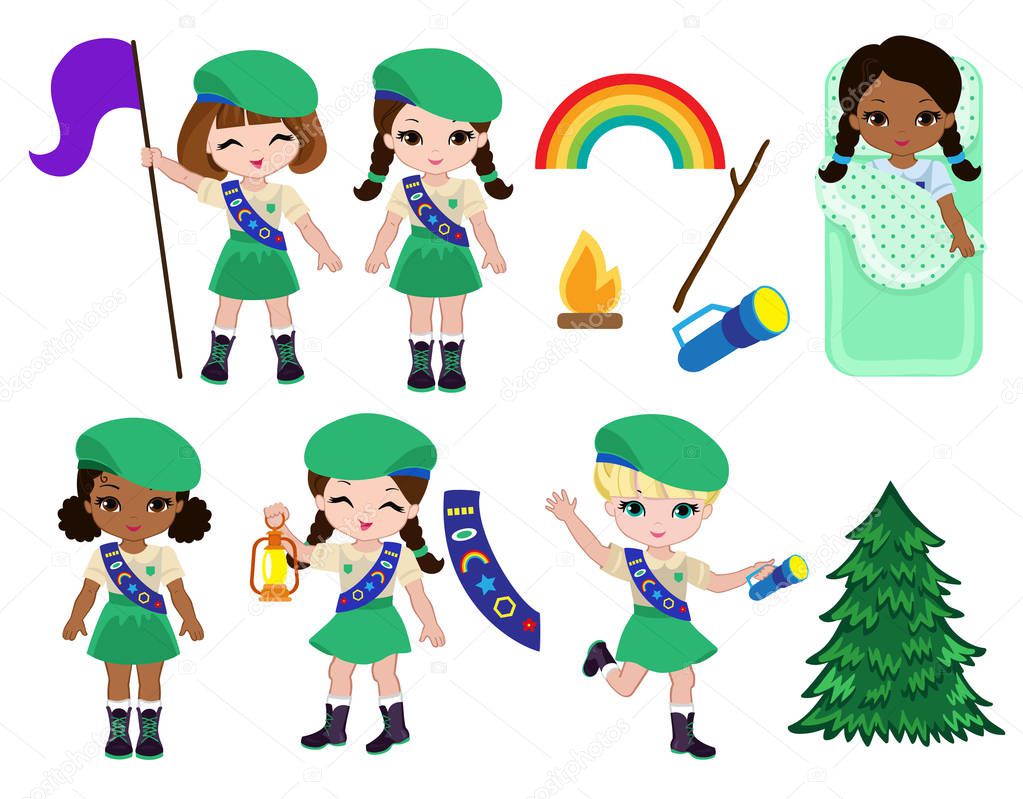 Collection of girls scouts camping outfit, summer camp activities.