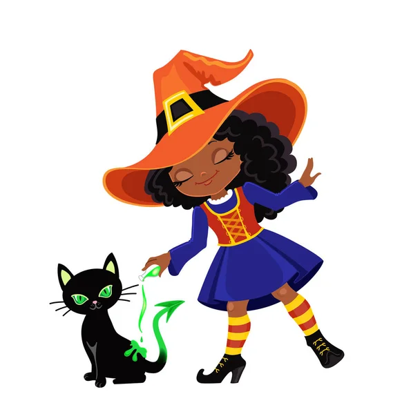 かわいい魔女が黒猫に魔法のポーションを注ぐことによって想起させる — ストックベクタ